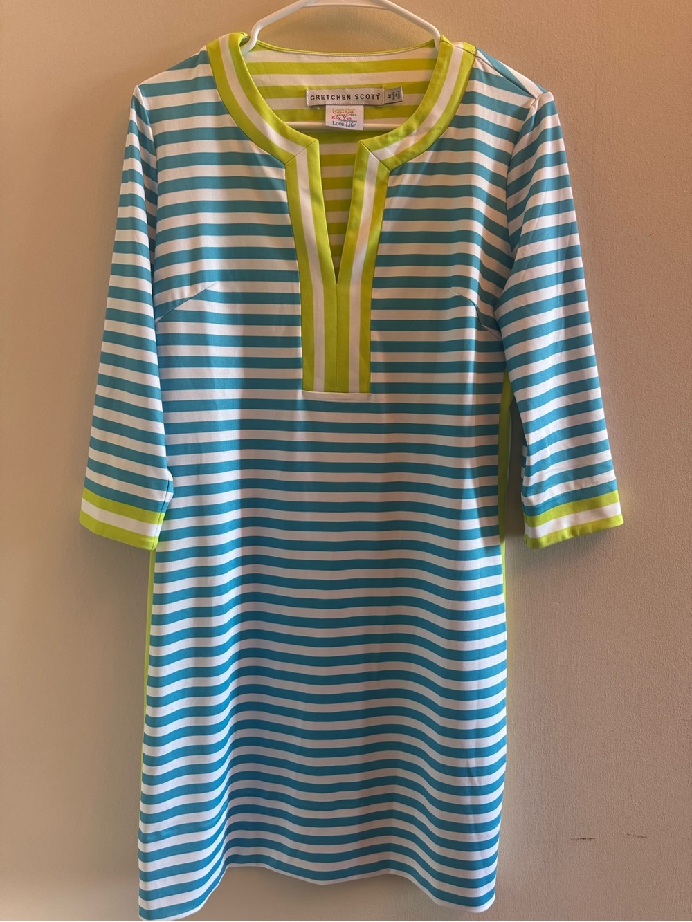 Gretchen Scott Split Neck Striped Jersey Dress Medium Blue Green 3/4 Sleeve